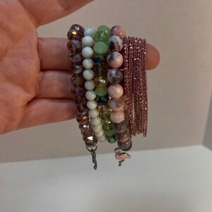 Womens Beaded Stretch Bracelets Set Flamingo Om Charm Rose Gold Sparkle Bangles